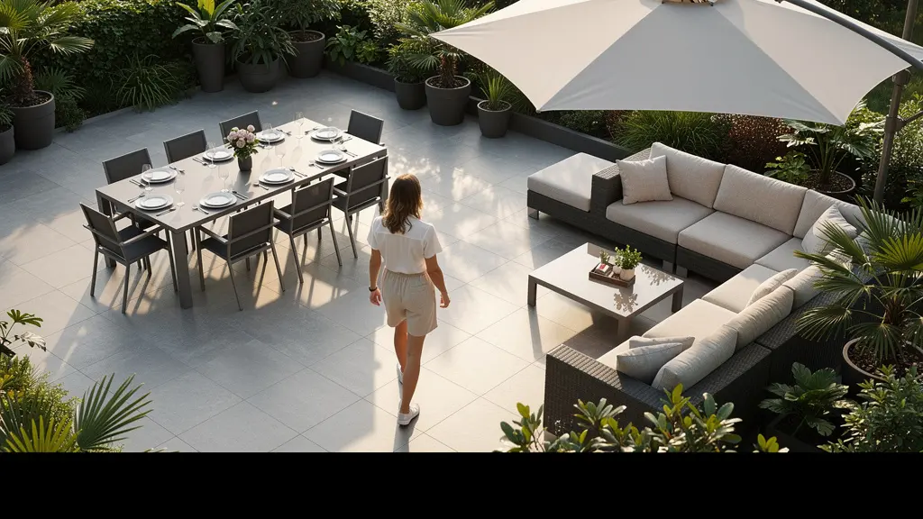 Vue d'ensemble terrasse rectangulaire avec zonage visible, espace repas et coin lounge séparés