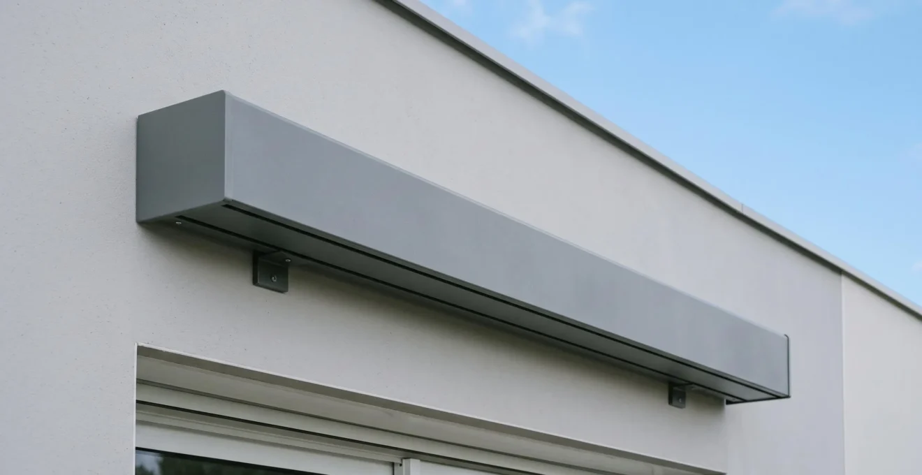 Gros plan architectural coffre intégral store banne fermé en aluminium anthracite fixé sur façade contemporaine grise, section rectangulaire épurée, toile et mécanisme protégés invisibles