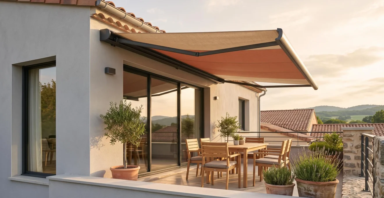 Terrasse résidentielle contemporaine française avec store banne coffre intégral déployé créant ombre sur mobilier extérieur, façade grise et végétation méditerranéenne, lumière dorée fin d'après-midi