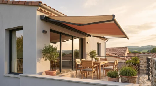 Terrasse résidentielle contemporaine française avec store banne coffre intégral déployé créant ombre sur mobilier extérieur, façade grise et végétation méditerranéenne, lumière dorée fin d'après-midi