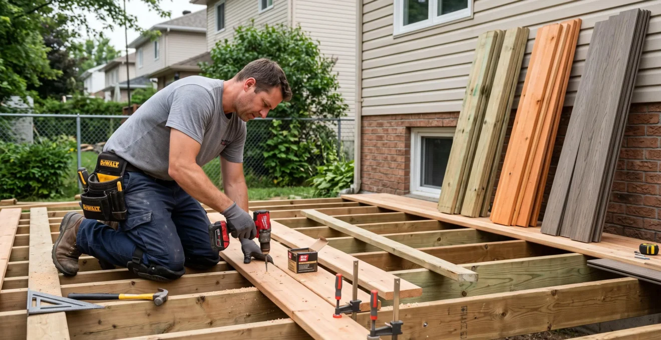 Un charpentier fixe une lame de plancher sur la structure d'un patio en construction dans une cour résidentielle, avec des piles de bois traité, de cèdre et de composite à l'arrière-plan.