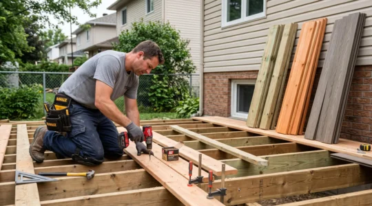 Un charpentier fixe une lame de plancher sur la structure d'un patio en construction dans une cour résidentielle, avec des piles de bois traité, de cèdre et de composite à l'arrière-plan.