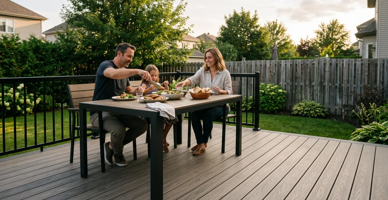 Une famille prend un repas en soirée sur un patio de composite gris foncé dans une cour résidentielle au Québec.