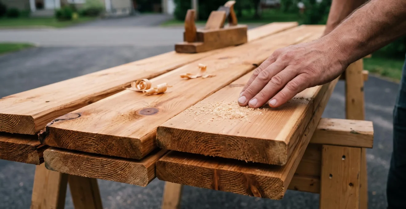 Gros plan sur des planches de cèdre rouge fraîchement coupées posées sur des tréteaux, une main brossant la sciure de la surface.